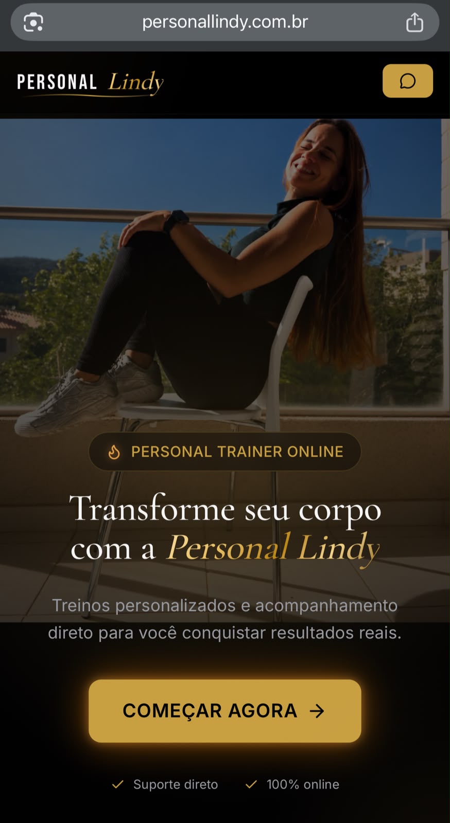 Página inicial do site Personal Lindy, personal trainer online
