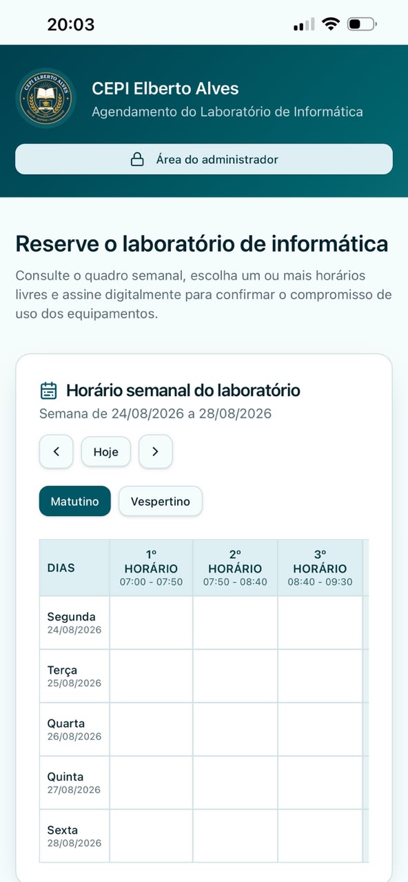 Tela do sistema de reserva do laboratório de informática do CEPI Elberto Alves