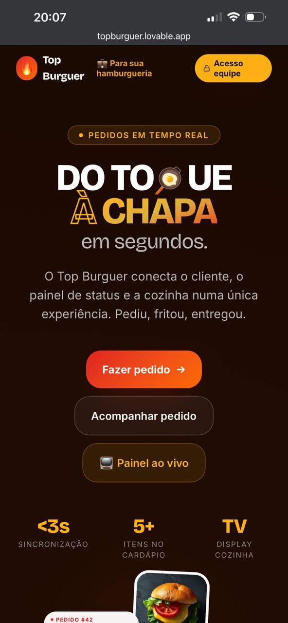 Tela inicial do sistema Top Burguer: "Do toque à chapa em segundos", com pedidos em tempo real